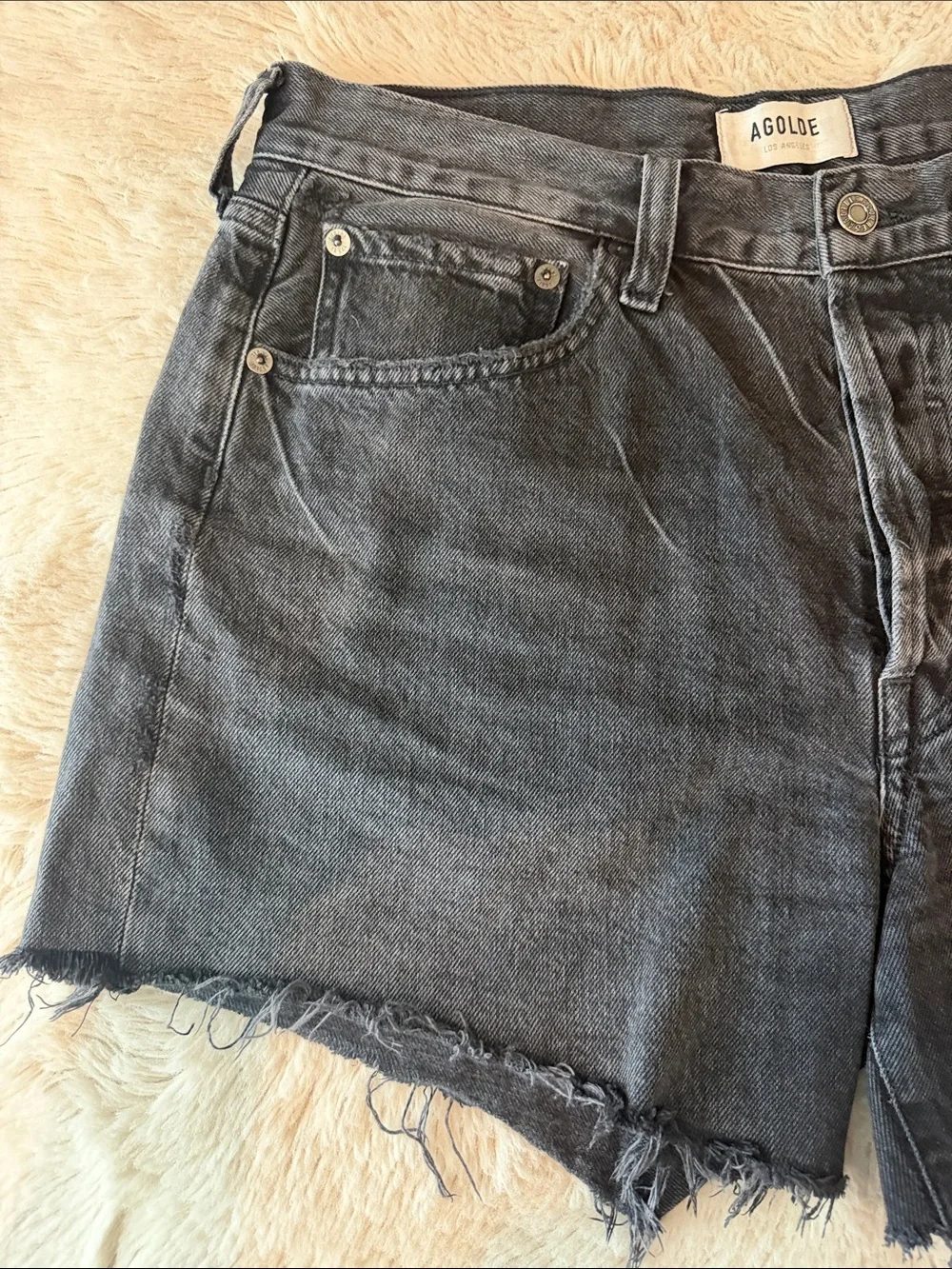 Agolde Parker long washed Black High-Rise Raw Hem Denim Shorts
